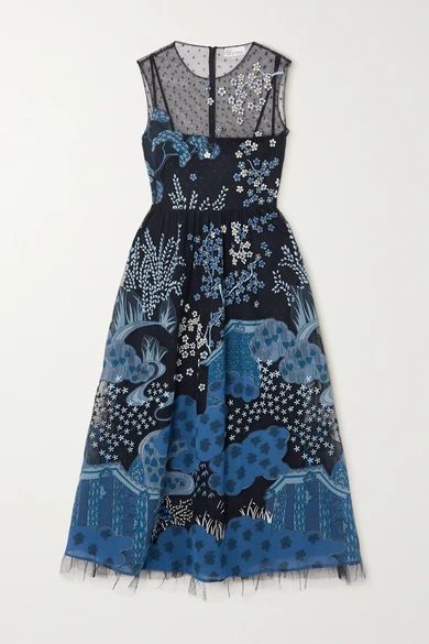 Embroidered Point D'esprit Tulle And Printed Crepe Midi Dress - Blue