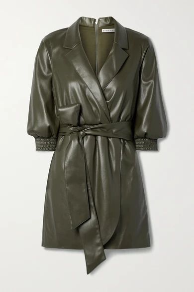 Maureen Wrap-effect Belted Vegan Leather Mini Dress - Army green