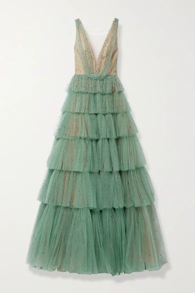 Tiered Crystal-embellished Tulle Gown - Gray green