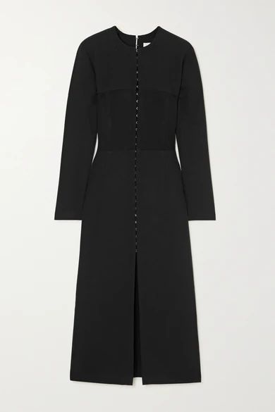 Off-the-shoulder Paneled Stretch-crepe Midi Dress - Black