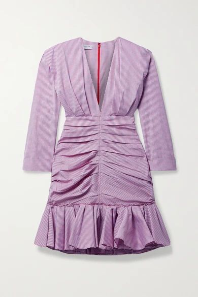 Ruched Gingham Cotton-blend Poplin Mini Dress - Lilac