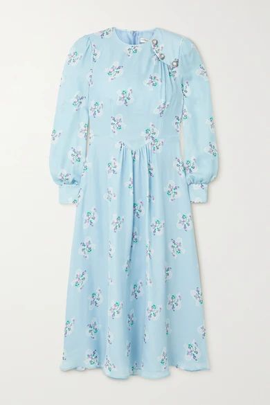 Button-embellished Floral-print Silk Crepe De Chine Midi Dress - Light blue