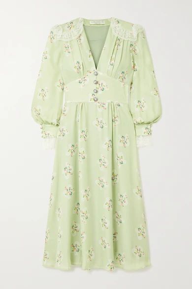 Lace-trimmed Floral-print Silk Crepe De Chine Midi Dress - Green