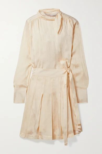 Wrap-effect Pleated Satin-jacquard Mini Dress - Cream
