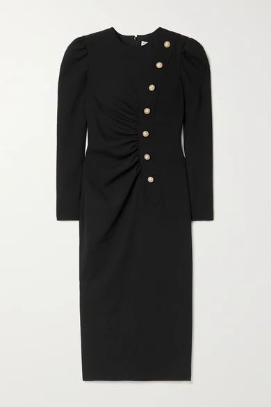 Ruched Embellished Wool-blend Crepe Midi Dress - Black
