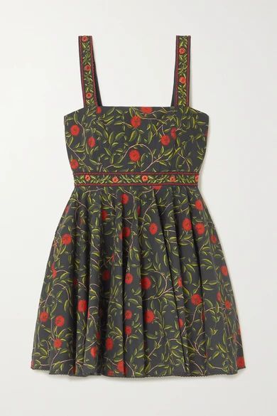 Azalea Bead-embellished Embroidered Floral-print Cotton-poplin Mini Dress - Black