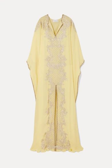 Embellished Embroidered Silk Crepe De Chine Gown - Pastel yellow