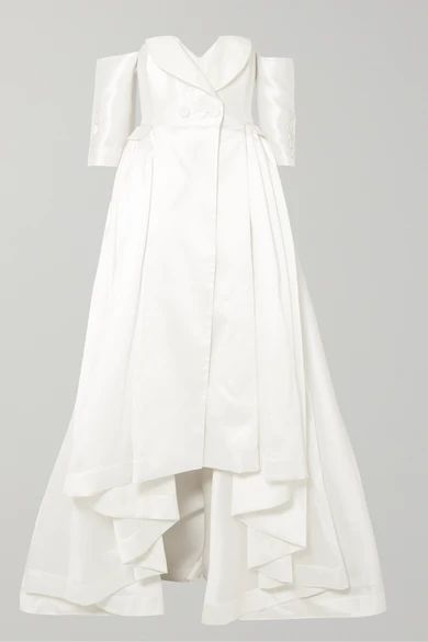 Off-the-shoulder Satin-piqué Gown - White