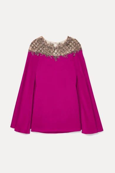 Cape-effect Embellished Tulle-paneled Satin Mini Dress - Magenta