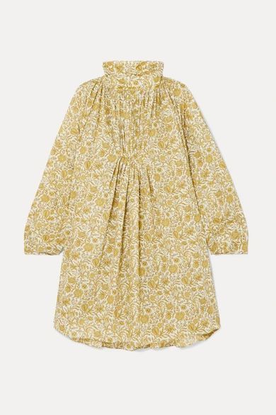 Frou-frou Gathered Floral-print Cotton-poplin Mini Dress - Gold