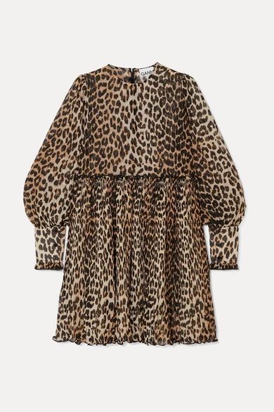 Leopard-print Plissé-georgette Mini Dress - Leopard print