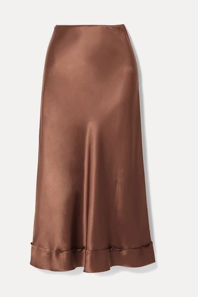 Stella Picot-trimmed Silk-satin Midi Skirt - Chocolate