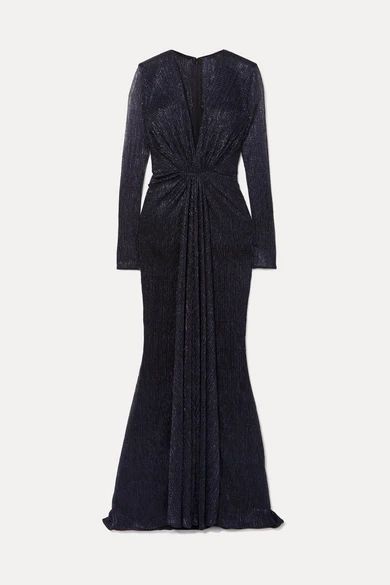 Knotted Tulle-trimmed Metallic Voile Gown - Navy