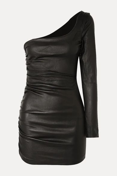One-sleeve Ruched Leather Mini Dress - Black