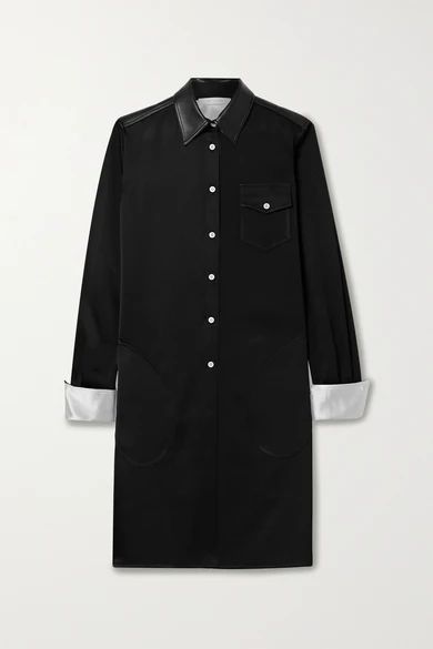 Faux Leather-trimmed Satin-twill Shirt Dress - Black