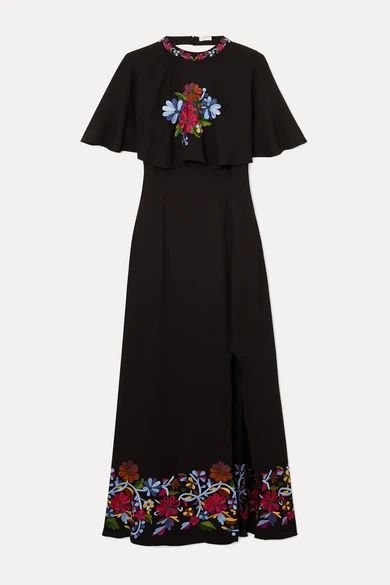 Iona Cape-effect Embroidered Crepe Midi Dress - Black