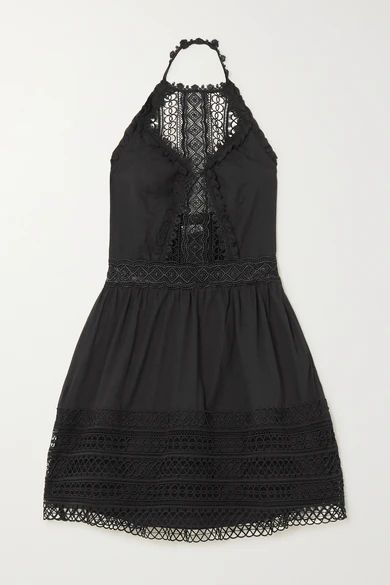 Andrea Crocheted Lace-paneled Cotton-blend Mini Dress - Black