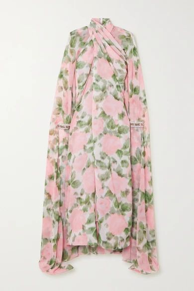 Cape-effect Twisted Crystal-embellished Floral-print Chiffon Gown - Pink