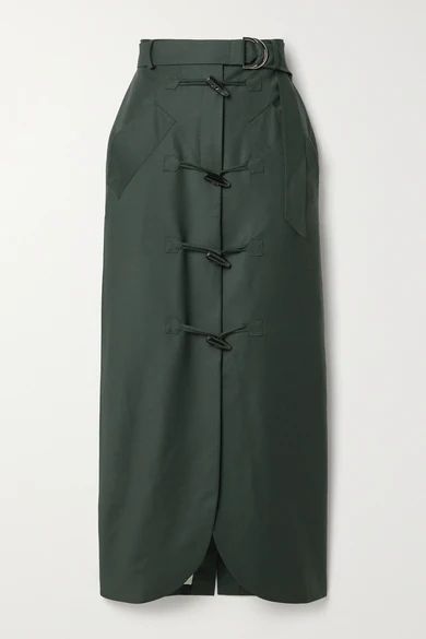 Belted Wool Midi Skirt - Dark green