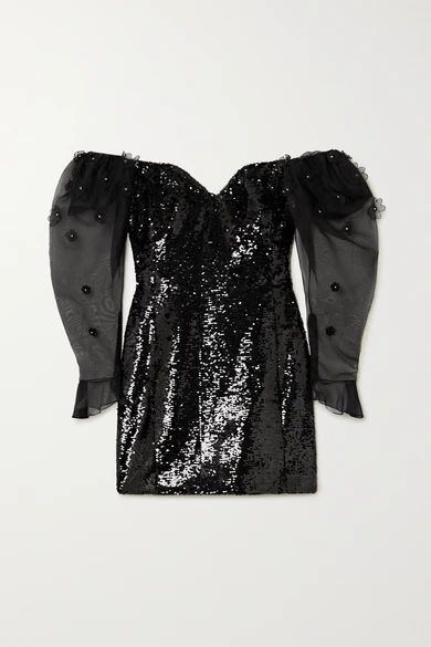 Off-the-shoulder Embellished Tulle And Silk-organza Mini Dress - Black