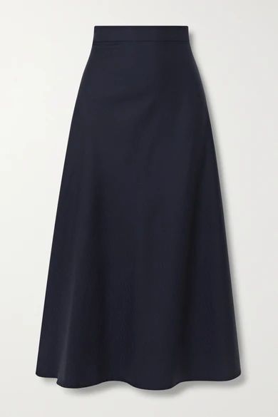 The Ada Herringbone Wool And Silk-blend Midi Skirt - Navy