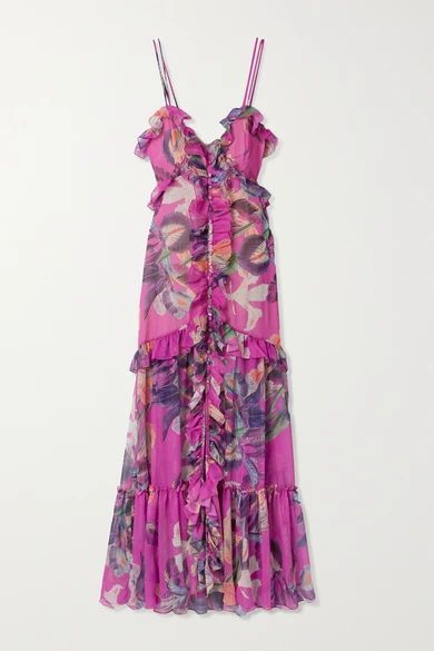 Grace Ruffled Floral-print Chiffon Maxi Dress - Magenta