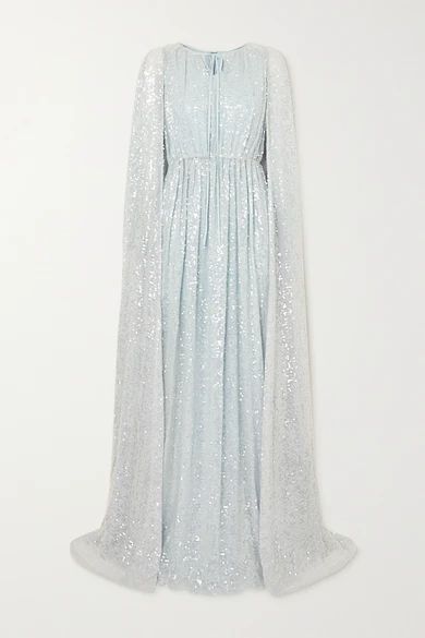 Kenley Cape-effect Sequined Tulle Gown - Light blue