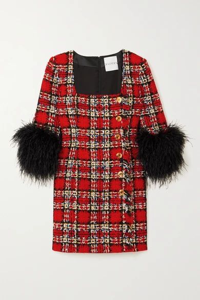 Feather-trimmed Embellished Checked Tweed Mini Dress - Red