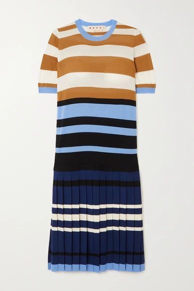Pleated Striped Wool Dress - Blue