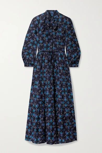 Olivia Tie-detailed Tiered Printed Satin-twill Midi Dress - Midnight blue