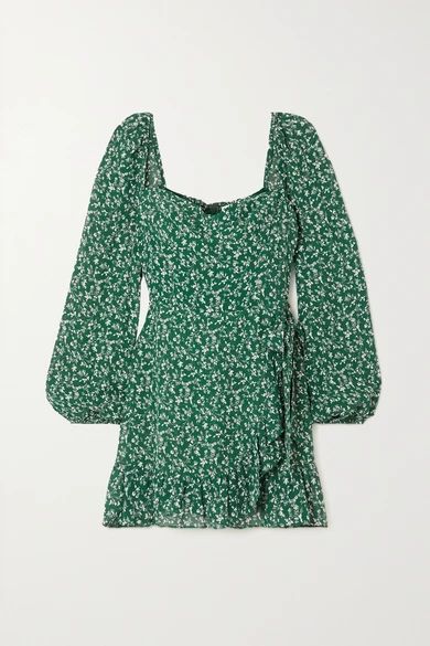 + Net Sustain Cammi Wrap-effect Ruffled Floral-print Georgette Mini Dress - Dark green