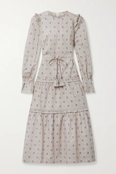 Christy Tie-detailed Ruffled Printed Cotton-poplin Midi Dress - Gray