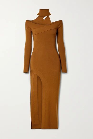 Off-the-shoulder Merino Wool-blend Turtleneck Midi Dress - Brown