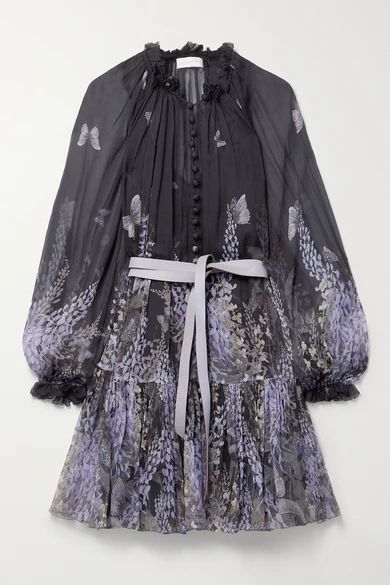 Wild Botanica Gathered Belted Printed Silk-crepon Mini Dress - Black