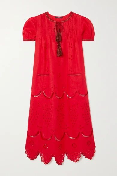 Veronica Tasseled Embroidered Broderie Anglaise Linen Midi Dress - large