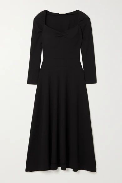 Ruched Textured Crepe Midi Dress - Black