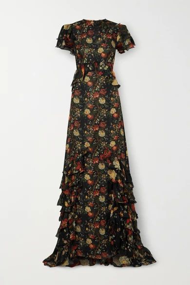 Lady Kristina Ruffled Floral-print Silk-chiffon Maxi Dress - Black