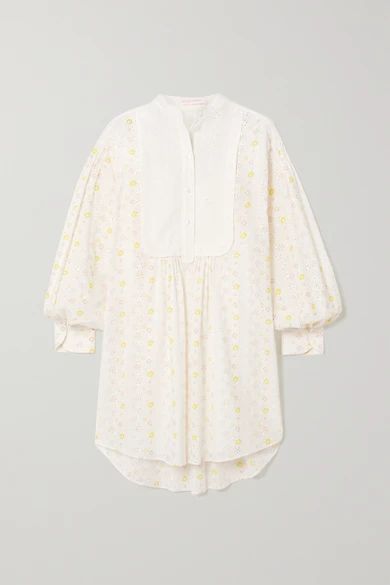 Floral-print Broderie Anglaise Cotton-voile Mini Shirt Dress - Ecru