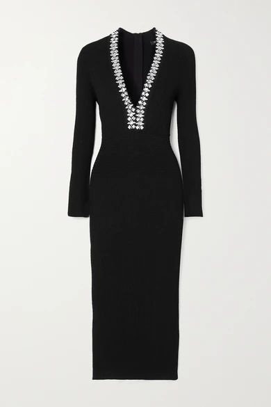 Crystal-embellished Ribbed-knit Midi Dress - Black