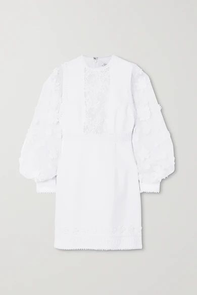 Appliquéd Chiffon, Lace And Crepe Mini Dress - White