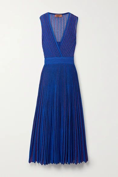 Pleated Striped Metallic Crochet-knit Maxi Dress - Royal blue