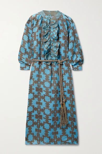 Belted Ruffled Printed Linen Midi Dress - Blue