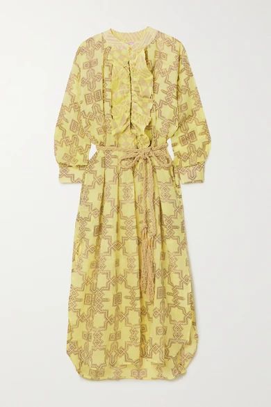 Belted Ruffled Printed Linen Midi Dress - Yellow