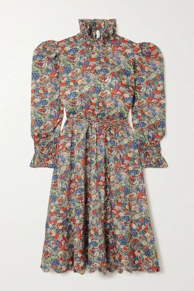 Collia Scalloped Smocked Floral-print Cotton Dress - Blue