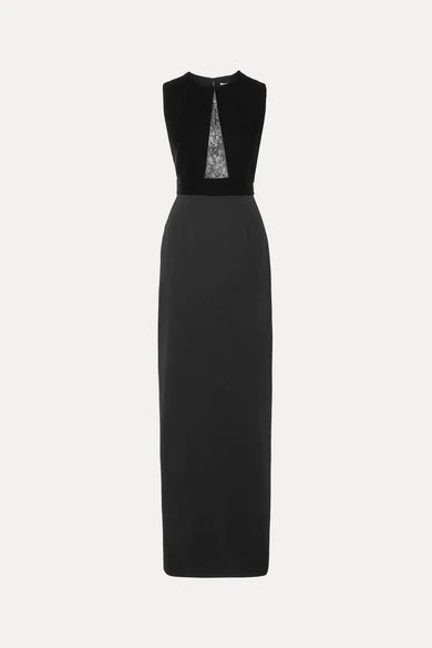 Lace-paneled Velvet And Crepe Gown - Black