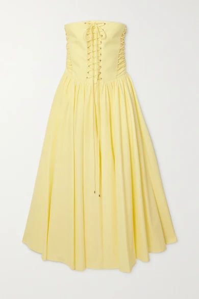Strapless Lace-up Cotton-poplin Midi Dress - Yellow