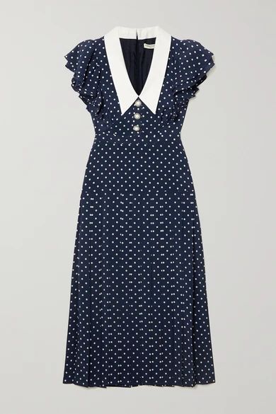Button-embellished Ruffled Polka-dot Silk Midi Dress - Navy