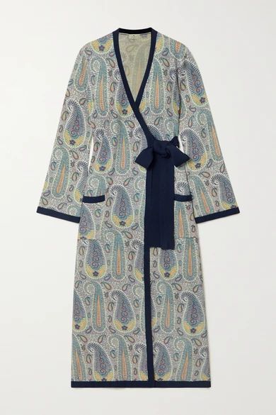 Paisley-print Knitted Wrap Midi Dress - Navy