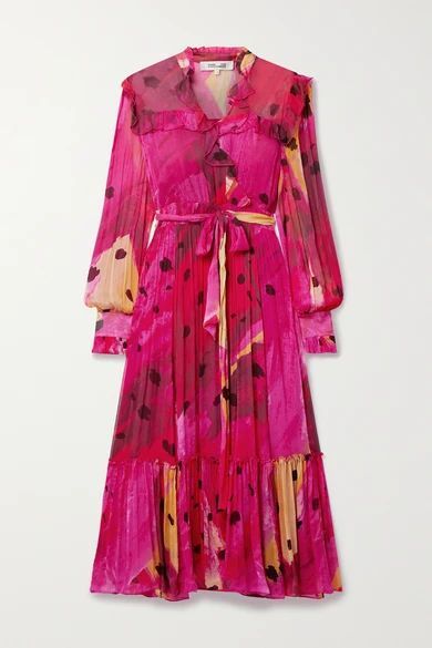 Meredith Wrap-effect Ruffled Printed Chiffon Dress - Pink