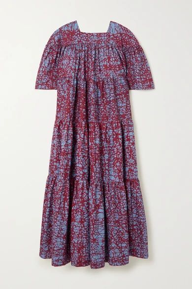 Tiered Printed Waxed-cotton Midi Dress - Blue